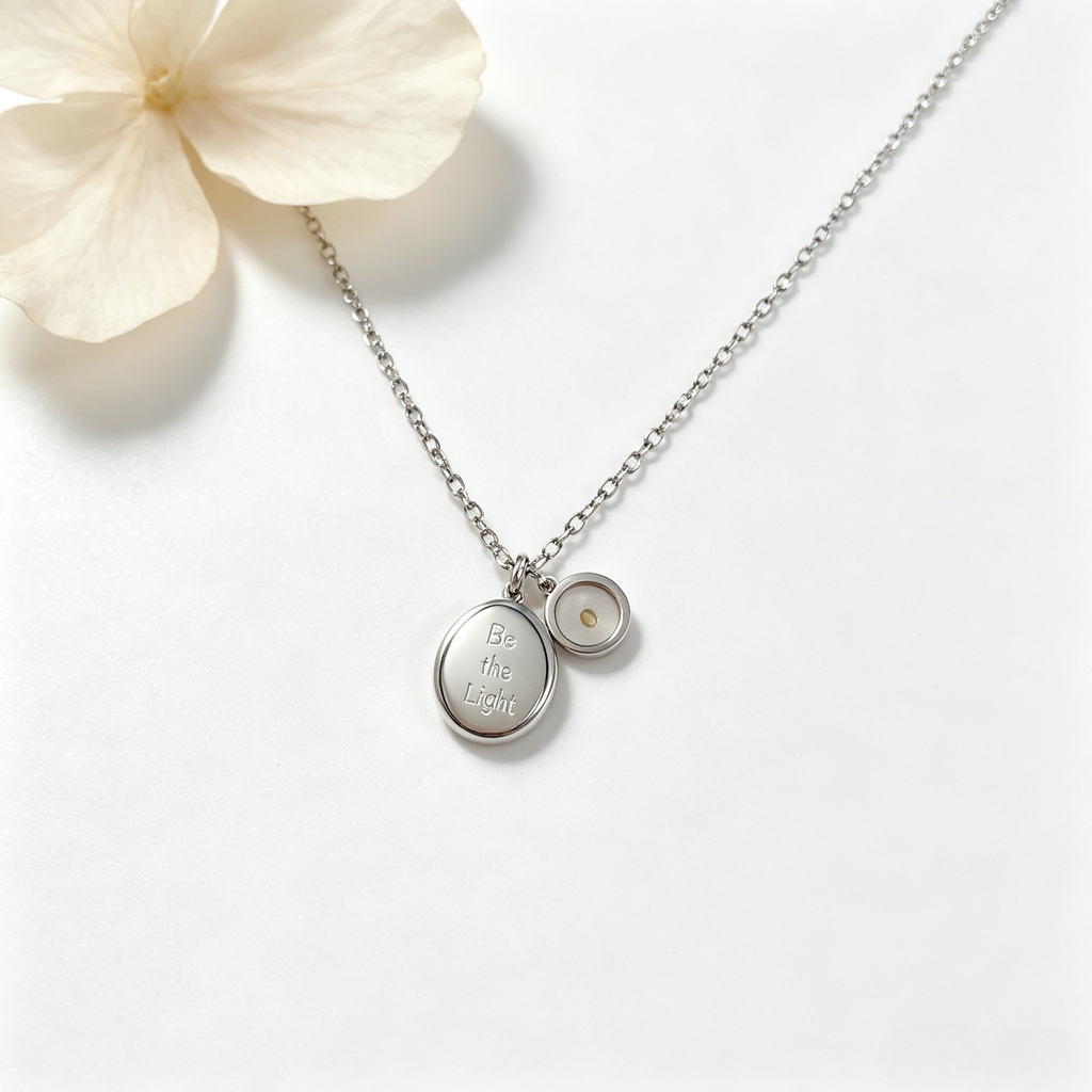 Silver tone stainless steel Be the Light oval engraved pendant with mustard seed circle charm necklace