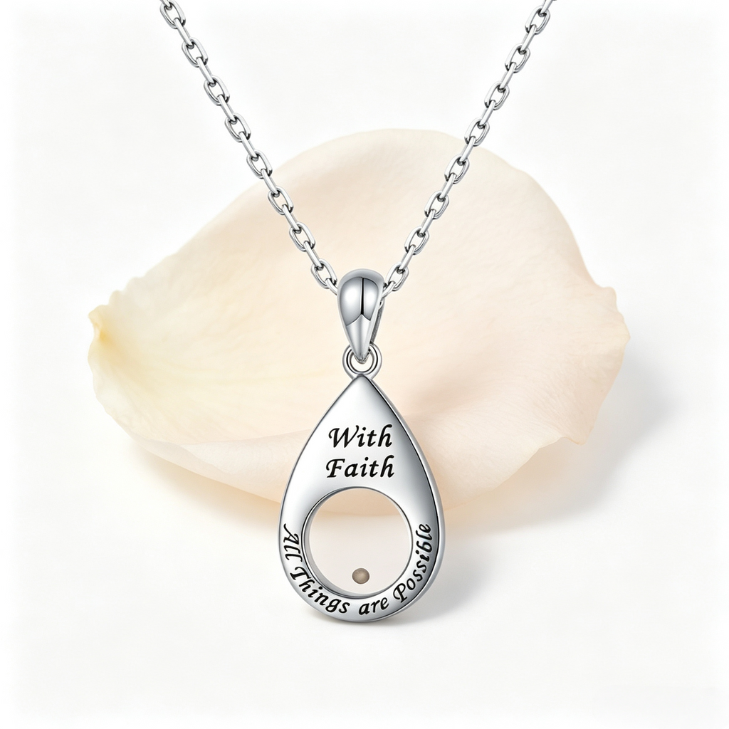 Silver tone stainless steel hollow teardrop mustard seed pendant necklace engraved With Faith All Things Are Possible