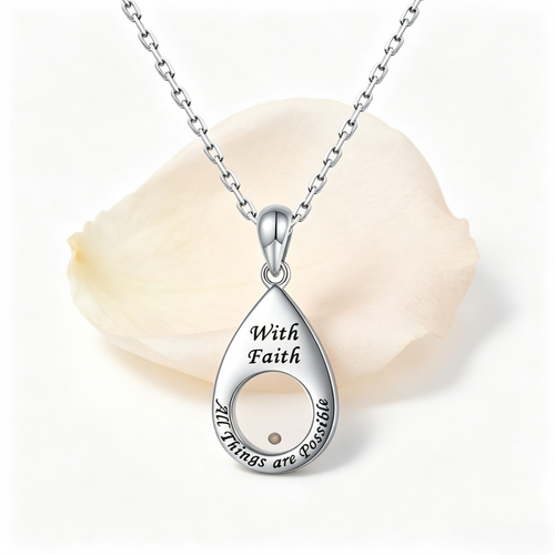 Silver tone stainless steel hollow teardrop mustard seed pendant necklace engraved With Faith All Things Are Possible