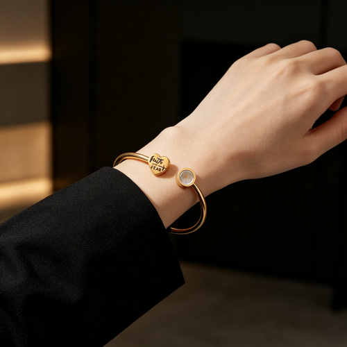 Gold Plated Stainless Steel "Faith Over Fear" Heart Mustard Seed Open Bangle