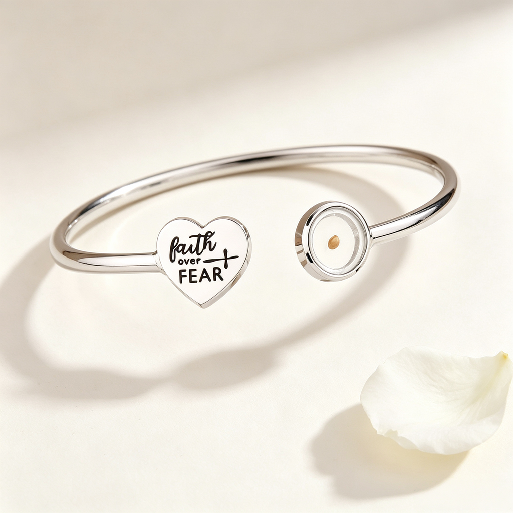 Silver-Tone Stainless Steel "Faith Over Fear" Heart Mustard Seed Open Cuff Bangle