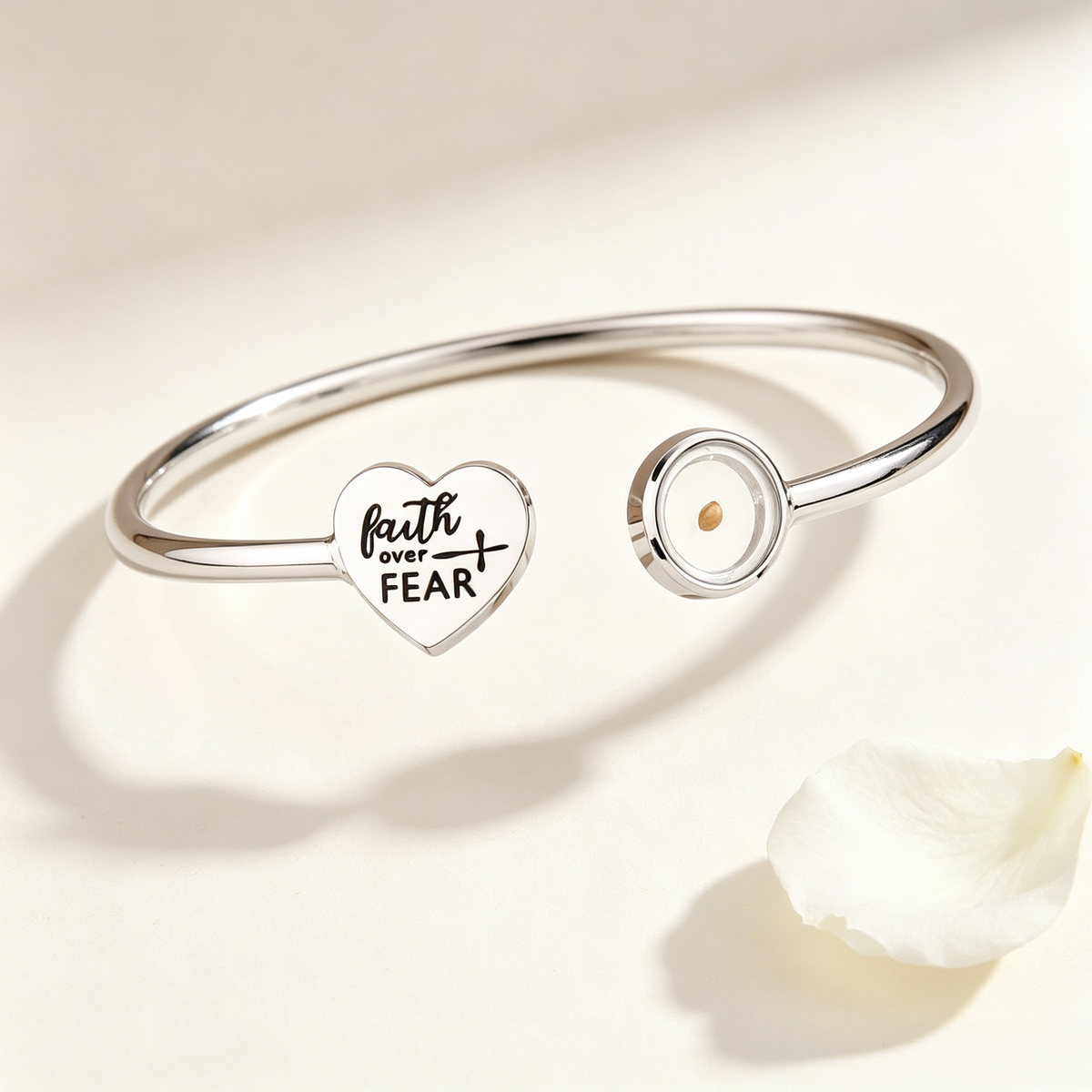 Silver-Tone Stainless Steel "Faith Over Fear" Heart Mustard Seed Open Cuff Bangle