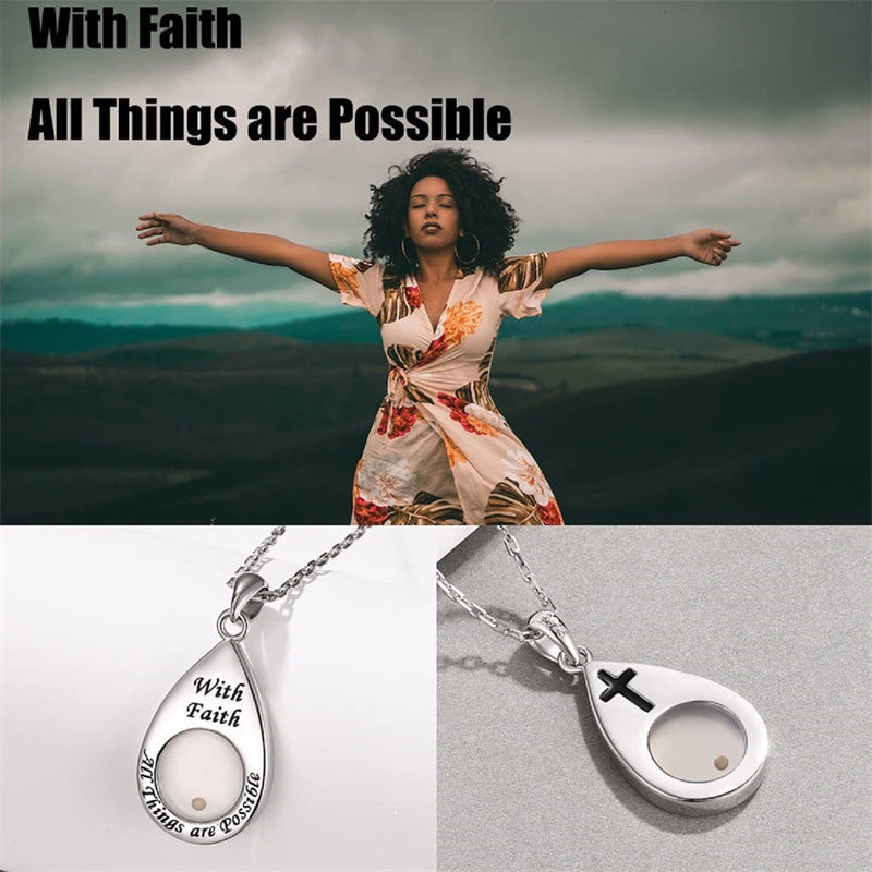 Silver Tone Stainless Steel Faith Teardrop Mustard Seed Necklace - "With Faith All Things Are Possible"
